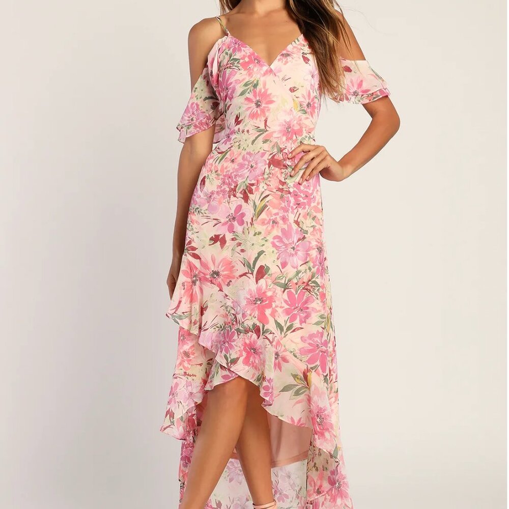 Lulus Watch Me Grow Pink Floral Print Cold-Shoulder High-Low Dress